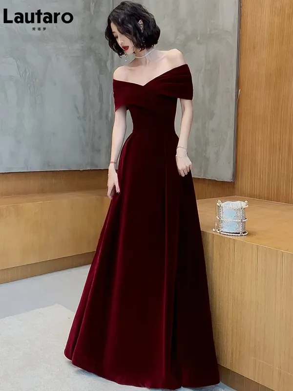 Lautaro Spring Long Lyx Elegant Vinröd Mjuk sammet Kvällsfest Bröllopsklänningar för kvinnor 2022 Off Shoulder Maxiklänning — image 5