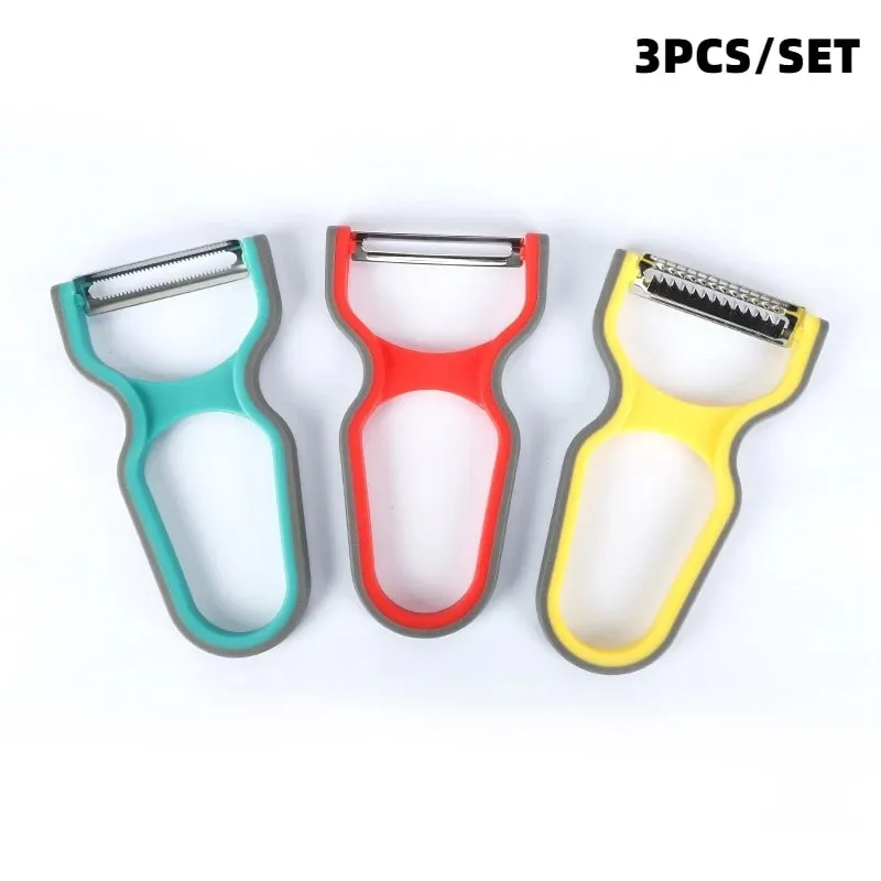 3Pcs Stainless Steel Multi-Function Potato Peeler Fruit Vegetable Chopper Mini Spud Slicer Grater Set Random Color Kitchen Tools — image 1