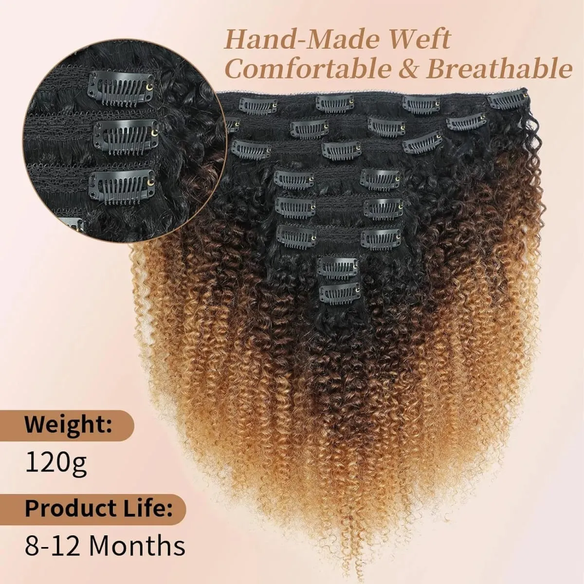 Ombre T1B/4/27 Afro kinky Curly Clip in Human Hiar Extensions 120G 8Pcs/Set BrazilianVirgin Human Hair Highlight P427 Extensions — image 3