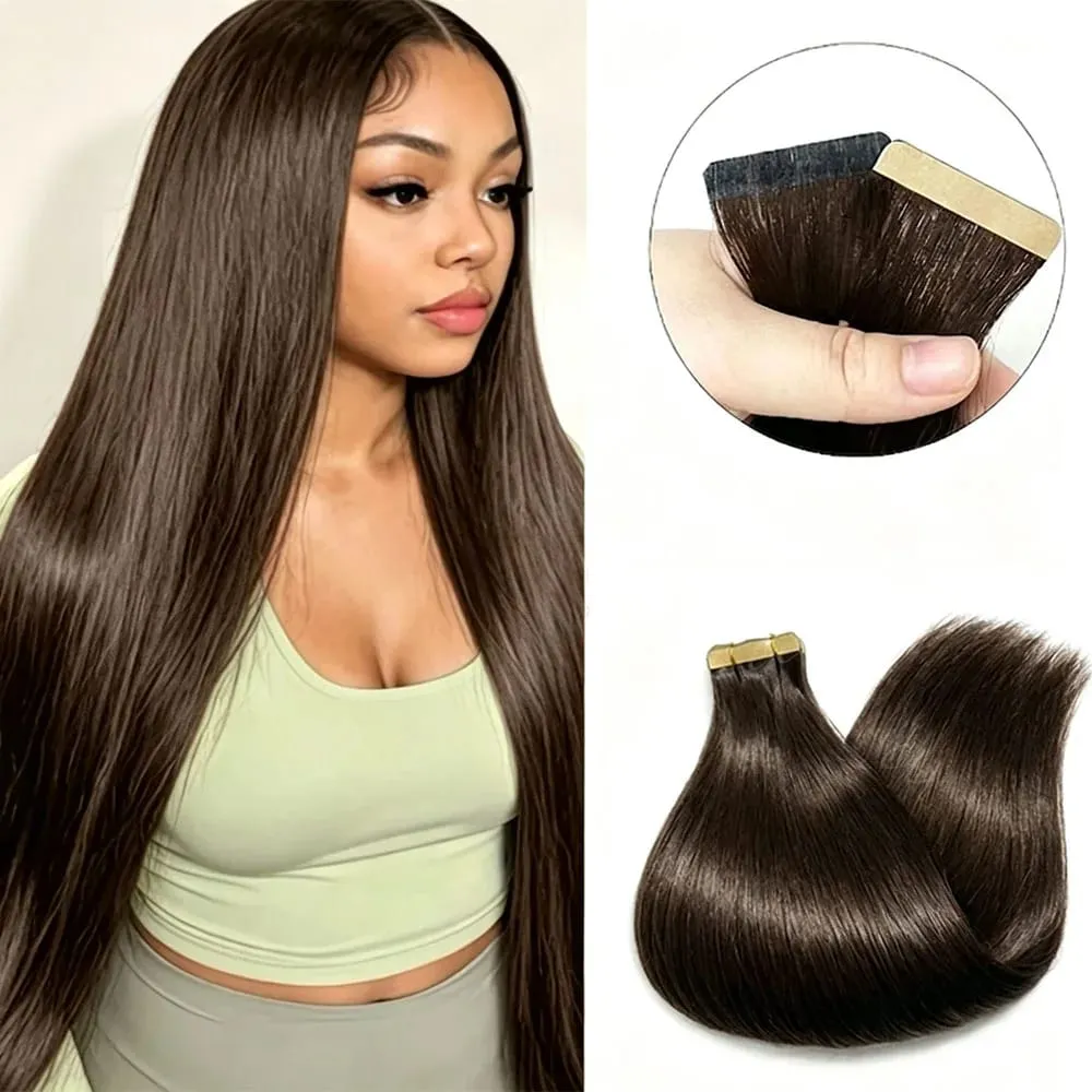 16-22 Inch Tape in Hair Extensions Human Hair Seamless Invisible Remy Hair Extensions Tape ins for Women Brazilian Dark Brown 21Pcs 50g 100% Human Hair