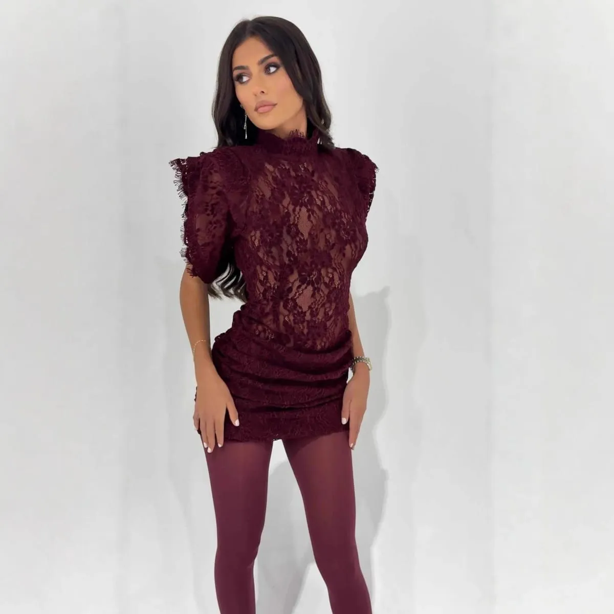 Elegant Lace Dress Fashion Retro Half High Collar Sleeveless Slim Wrap Hips Mini Dress Pambabaeng Sexy Party Dress Pambabaeng Damit