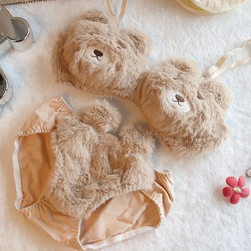 Cute Women Lingerie Set With Steel Ring Cartoon Bear Winter Bra & Brief Sets Soft Girl Warm Underwear Panties Suit Girl — image 7