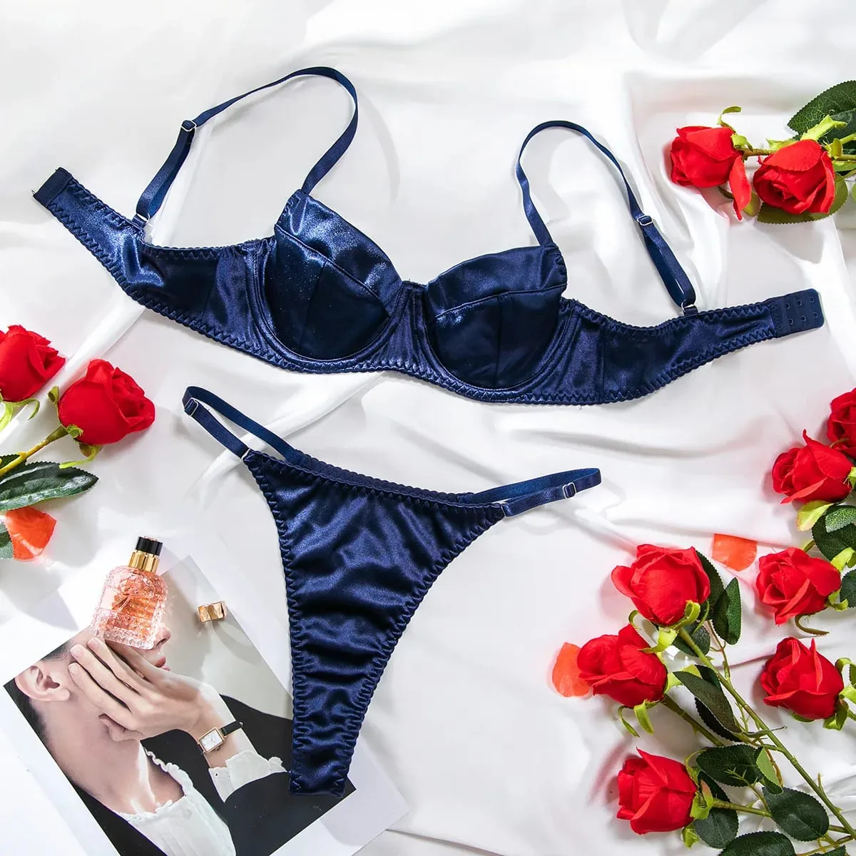 2 Pcs Sexy Bra Set Women Underwear Underwire Push Up Satin Patchwork Bras and Thongs Suits Attractive Bilizna Intimate Set — image 5