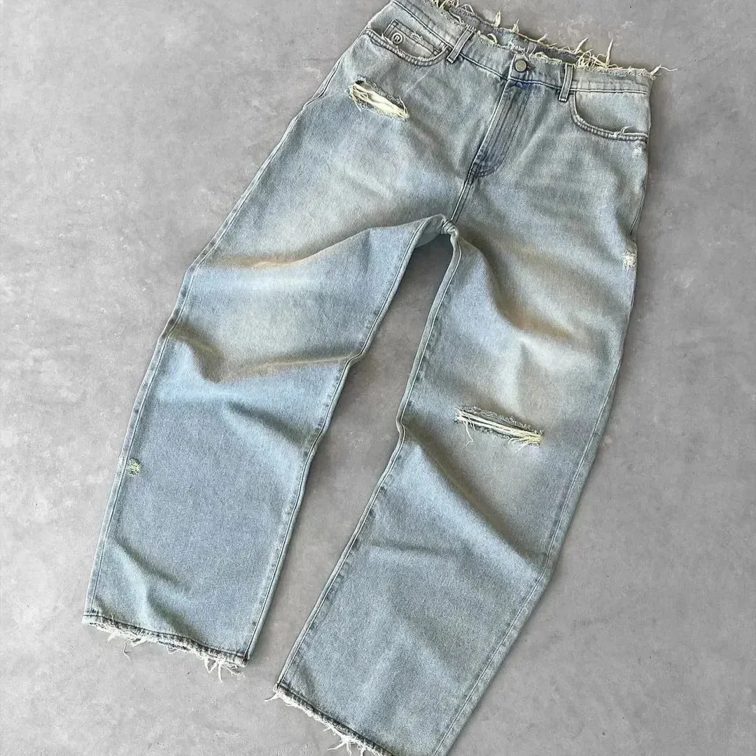 Straight Jeans Distressed Men Jean Ripped Holes Washed Denim Pants Ankle Length Loose Solid Zipper Fly Pockets Casual 2026