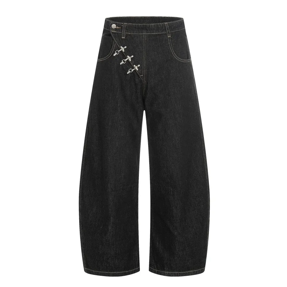 Airplane Buckle Jeans Mens High Street Wide Leg Baggy Denim Pants Man