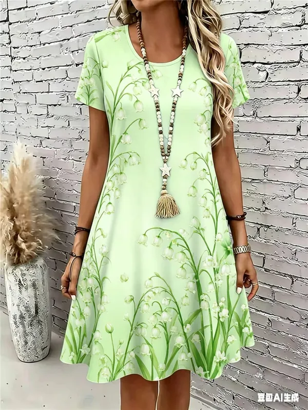 Short Sleeve Floral Pattern Women Mini Dresses Summer 3D Flower Printed Ladies Street Dress 3XL Plus Size Loose Casual Dress — image 5