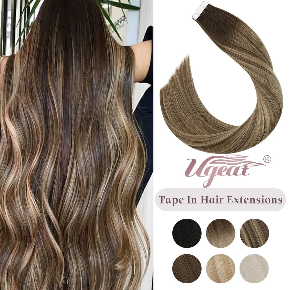 【Low Price】Ugeat Tape in Hair Extensions Human Hair Tape in Invisible Real Human Hair Extensions 12 Inches