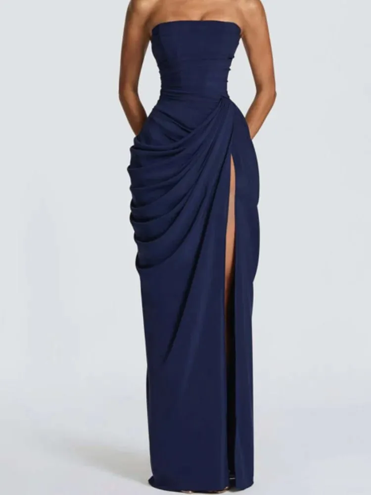 Lady Sexy Strapless Split Solid Pleated Dress Women Chic Backless High Waist Off-shoulder Dresses 2026 Bagong Evening Party Gowns — image 6