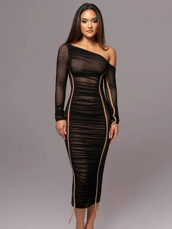 Hugcitar malha sólida gola diagonal manga longa drapeado sexy ver através bodycon maxi vestido verão moda roupas festival clube — image 8