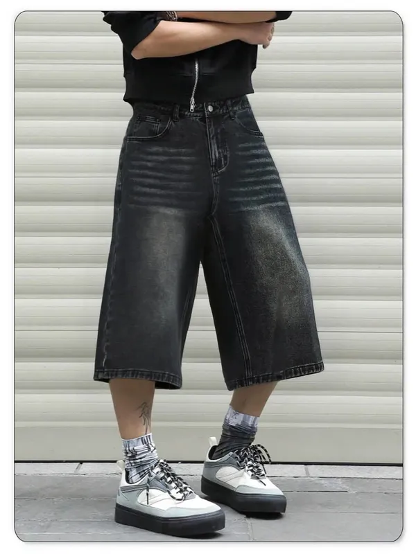 American Retro Classic Black Ultra Baggy Wide Leg Men's Denim Shorts Spring Summer Casual Oversized Jeans Men's Clothes — image 8