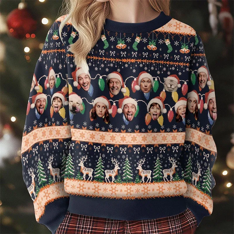 Personalized Custom Multi‑Face Christmas Sweatshirt Upload Family Pet Photos Ugly Xmas Reindeer Holiday Long Sleeve Tops
