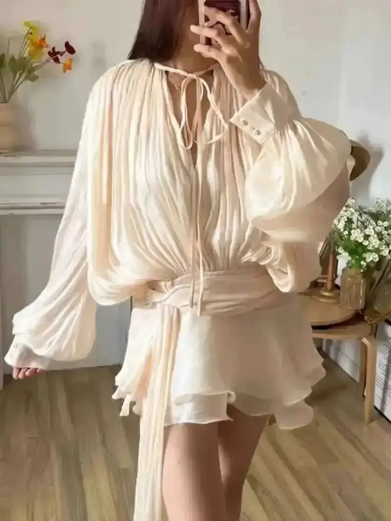 Beige Top Solid Blouse Mini Dresses Para sa Babae V Neck Long Sleeve Spliced Lace Up Sweet Style Dress Pambabaeng Damit Fashion P7WI — image 2
