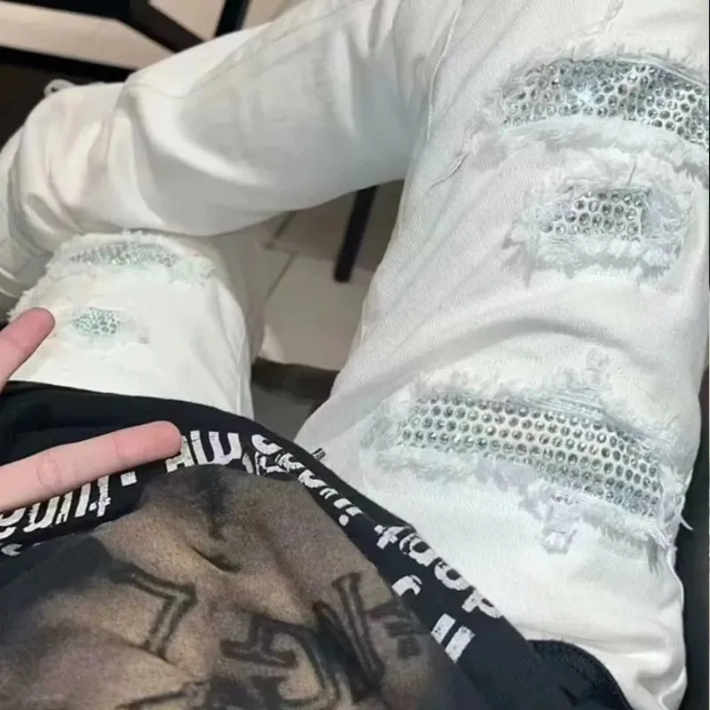 Diamond-encrusted Washed Ripped Patch Patchwork Hot Diamond Jeans Beggar Pants Men — image 3