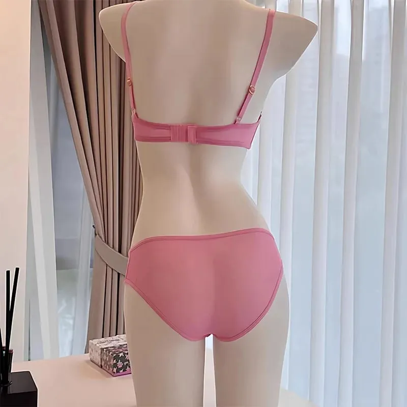 Spring/Summer Sexy Sweetheart Black Butterfly Embroidered Pink Bra With Steel Rim Thickened For Small Breasts Women Bra Set — image 3