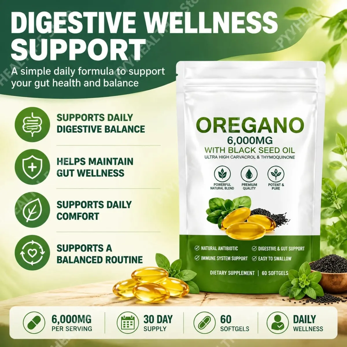 Oil of Oregano Softgels with Black Seed Oil 6000mg 165mg Carvacrol Thymoquinone Gluten Free Daily Wellness 60/180 Softgels — image 3