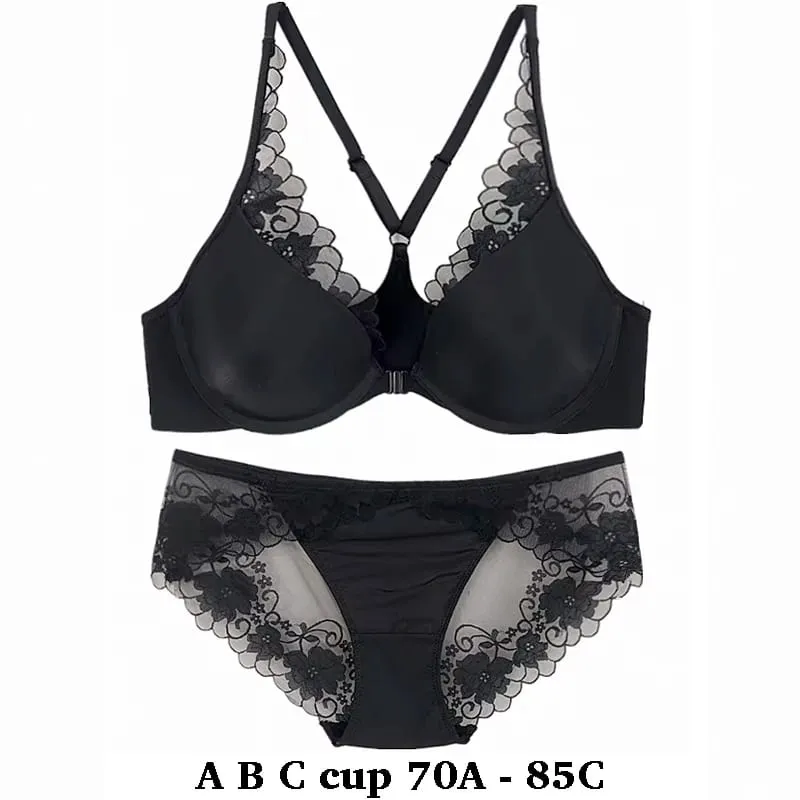 high quality sexy women bras and brief two piece set front closed push up lace A B C cup wire summer lingerie underwear black — image 1