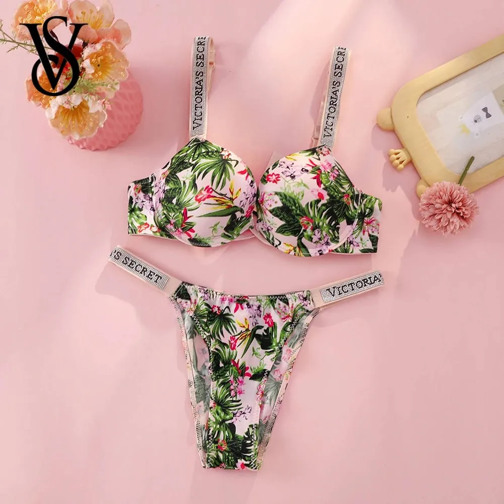 Victoria Secret Hot Sexy Lingerie Set Very Sexy Logo Shine Strap Tropical Floral Push Up Bra Shine Script Thong Panty — image 1
