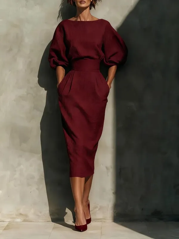 Elegante moda sólida festa a-lien vestido casual o-pescoço lanterna manga bolso vestido temperamento cintura alta plissado envoltório hip vestido — image 3