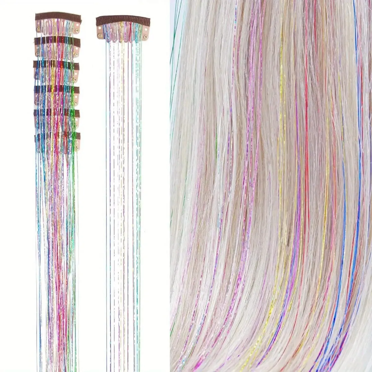 6Pcs Synthetic Hair Tinsel Clip in 19.6Inch Glitter Tinsel Hair Clip in Hair Tinsel Kit Heat Resistant Shiny Sparkle Fairy Hair — image 11