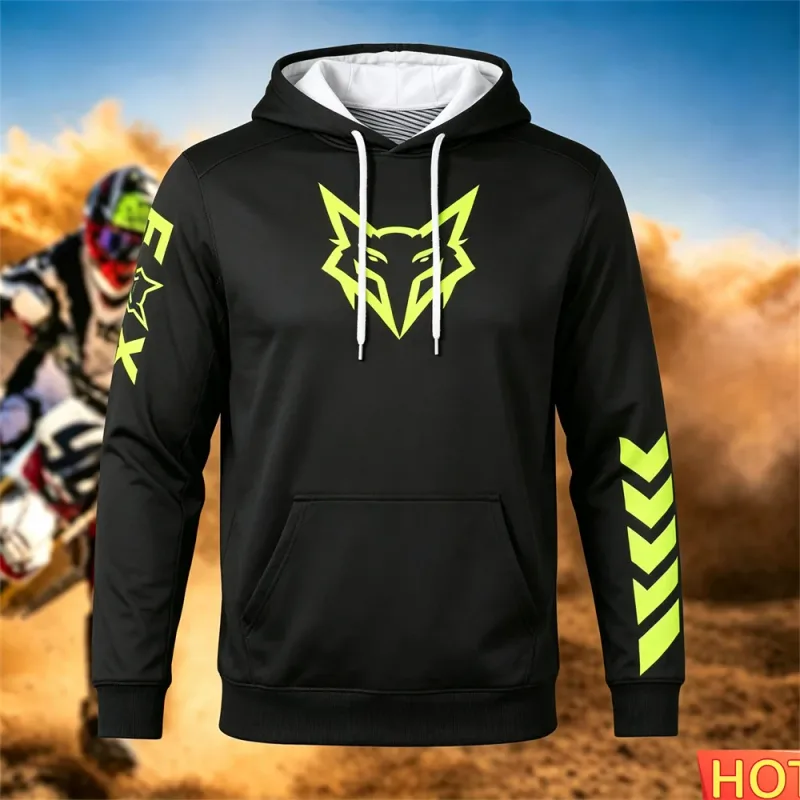 Autumn/Winter Men's Racing Hoodie Outdoor Cycling Hooded Pullover Fox Pattern Pocket Hoodie Sports Mga Motorcycle Hooded Sweatshirt