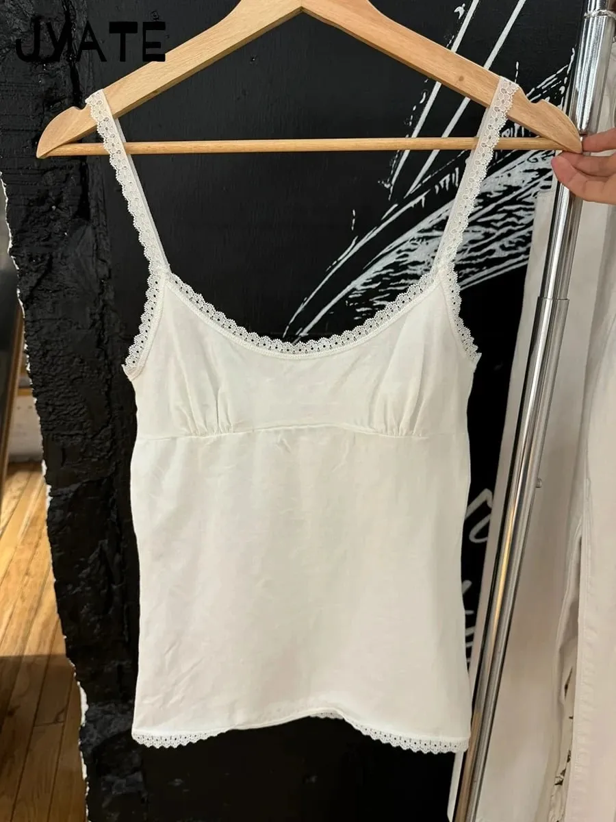 Sweet Lace Patchwork Slim Tank Tops Dam Sommar Vit Sexig Enkel Bomull Mjuka ärmlösa västar Kvinna Vintage Chic Y2K Camisole — image 13