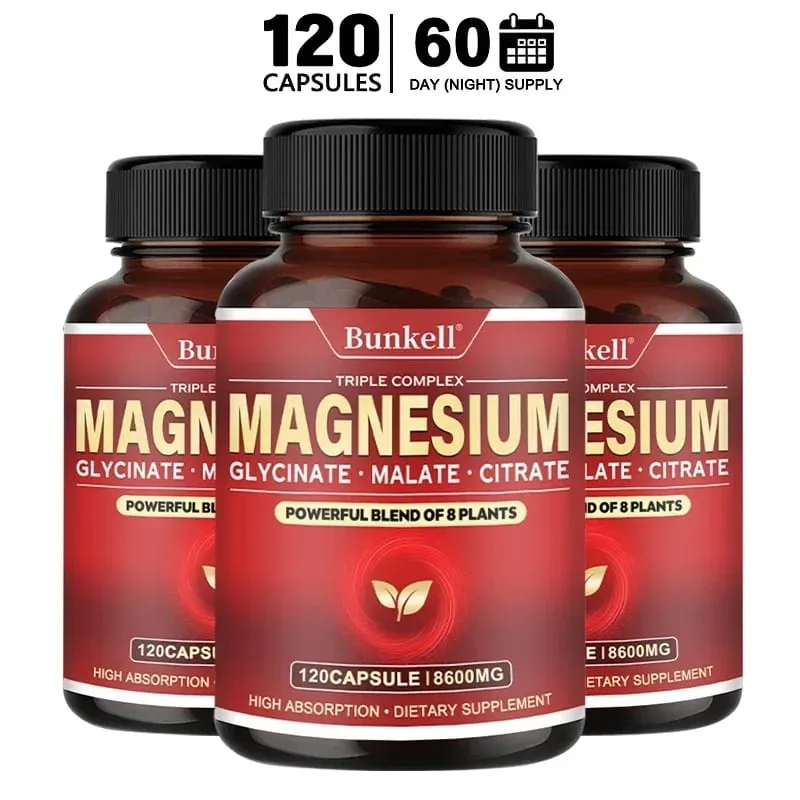 Vysoce vstřebatelný magnesium glycinát malát citrát 100% chelátový bez GMO vegetariánský bezlepkový 8 600 Mg 120 tobolek