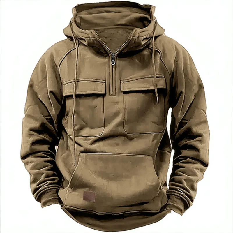 Novo outono-inverno masculino com capuz de cor sólida casual hoodie-moda jovem homem multi-bolso remendo moletom com capuz pulôver camisa