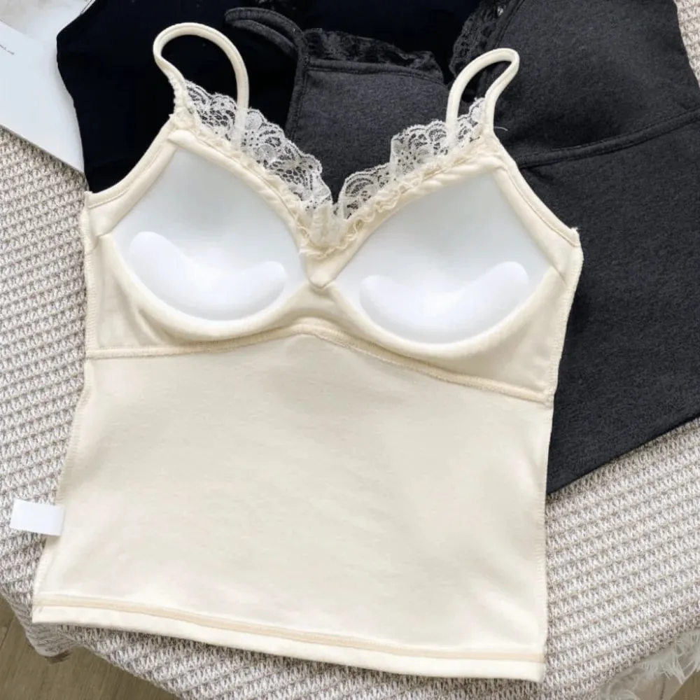 Autumn/Winter Fitted Lace-trimmed Camisole V-Neck Comfortable Slim Fit Camisole Top Soft with Padded Bra Women's Top — image 7