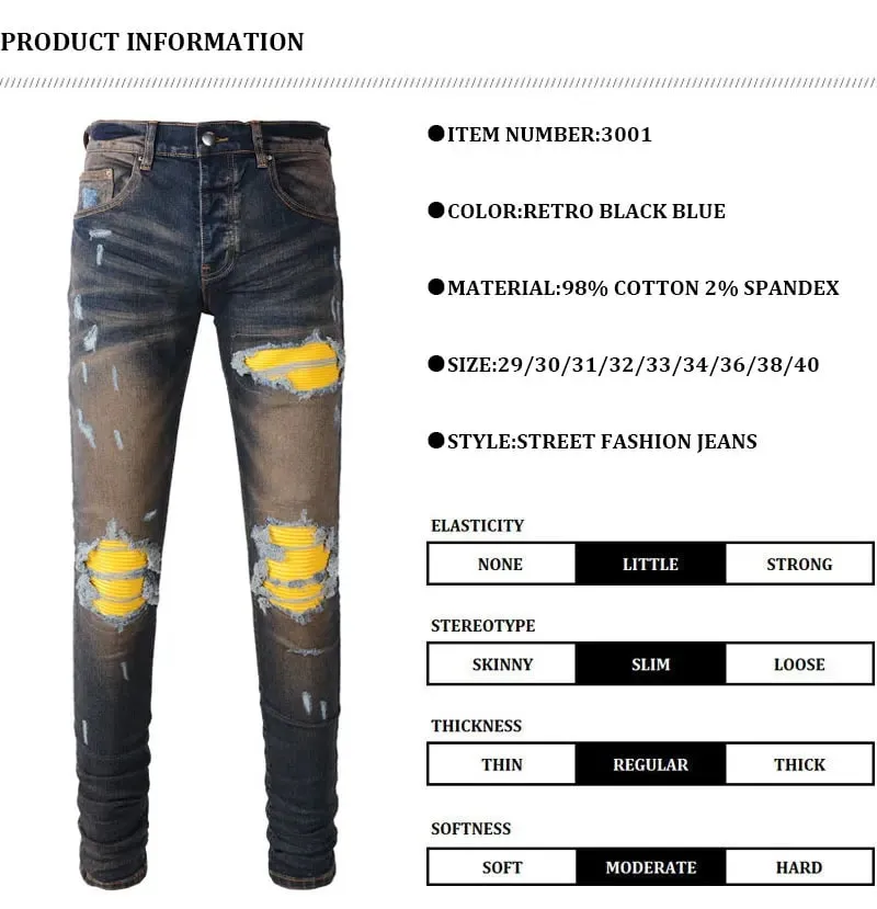 Men's Dark Blue Retro Slim Fit Jeans Street Fashion Tapered Pants with Perforated Patch Ripple Splicing Elastic Brand Y2 — image 7