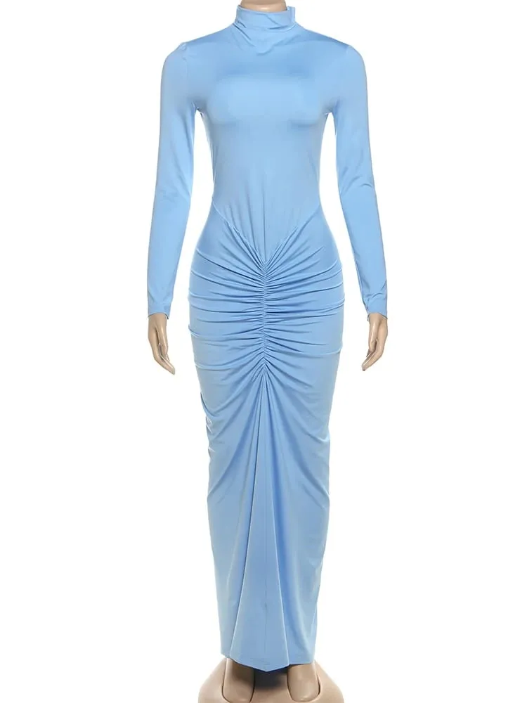 Sisterlinda Autumn New Style Long Dress Woman Turtleneck Full Sleeve Skinny High Stretch Daily Casual Fashion Elegant Vestidos — image 7