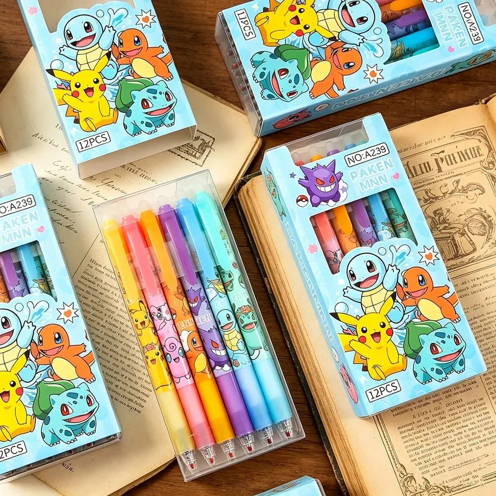 Random 6/12/24pcs Pokemon 0.5mm Blue Ink Erasable Neutral Pens Cute Student School Supplies Cartoon Stationery Rubbable Pen — image 1
