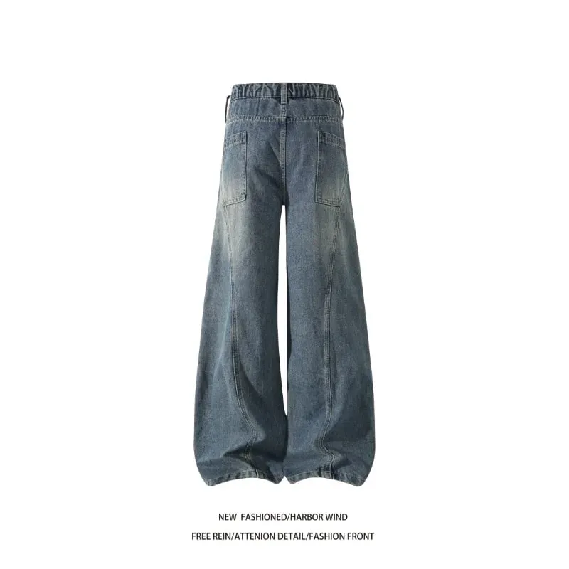 Men 2026 American Style Wide Leg Scimitar Jeans Contrast Stitch Spliced Pleated Design Loose Casual Long Denim Pants For Male — image 4