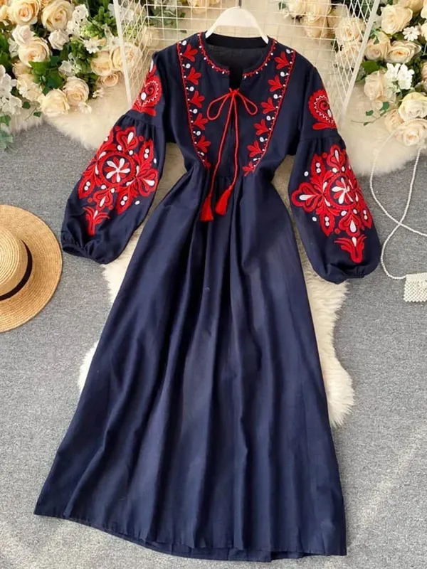 Women Autumn Dresses Bohemian Embroidered Flower O-Neck Lantern Sleeve High Waist Pleated Dress All-match Female Vestidos PL393 — image 9