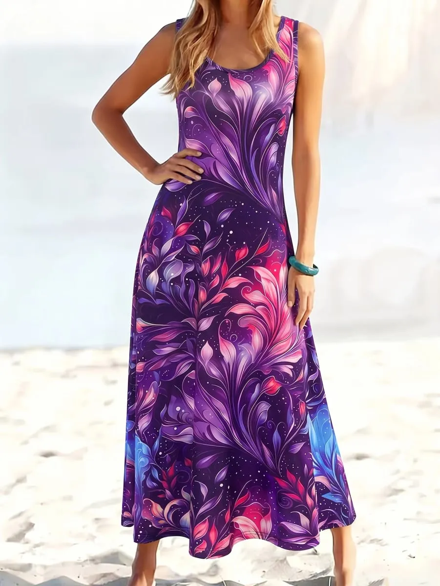 Dresses for Woman Vest Dress Beach Holiday Round Neck Sleeveless A-Line Long Skirt Starry Iridescent Floral Gradient Print 2026 — image 5