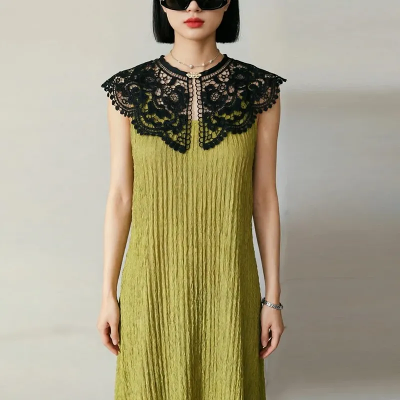 Pleated Sleeveless Elastic Long Dresses Women Vintage Palace Style Womens Black White Doll Fake Collar Soft Midi Dress Clothing — image 11
