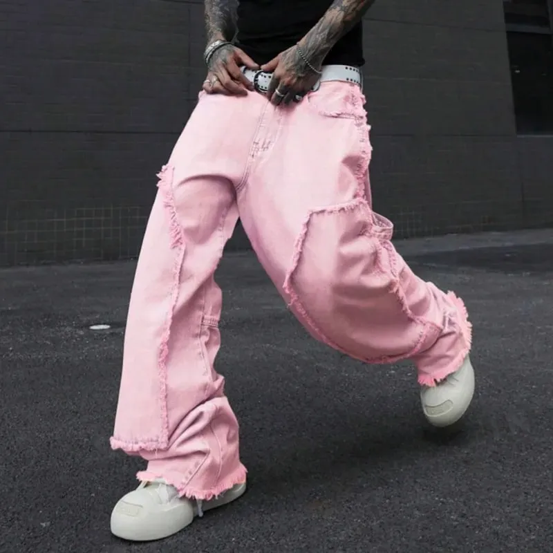 Pink Frayed Wide-Leg All-Season Cargo Denim Jeans — image 7