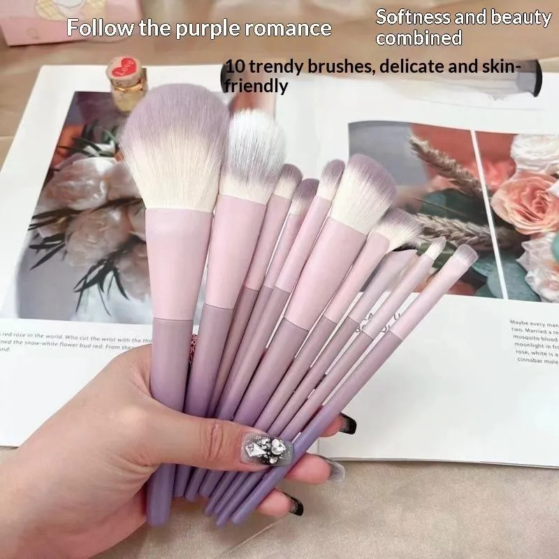 10Pcs Pink Purple Gradient Plastic Handle Makeup Brush Set Synthetic Fiber Bristles Powder Foundation Cosmetic Brushes
