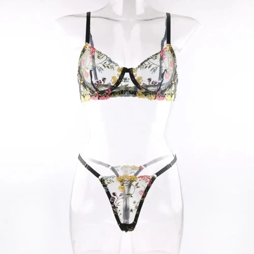 2-Piece Sexy Floral Lingerie Set Embroidery Sheer Women Underwear Wireless Bra — image 3