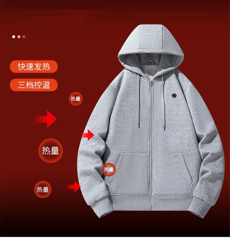 USB Heating Luvtröjor Herr Vinter Eluppvärmda Luvtröjor Jackor Uppvärmd Zipper Hoodie Infraröd 5 Värmeområden Jacka Svart Grå — image 3
