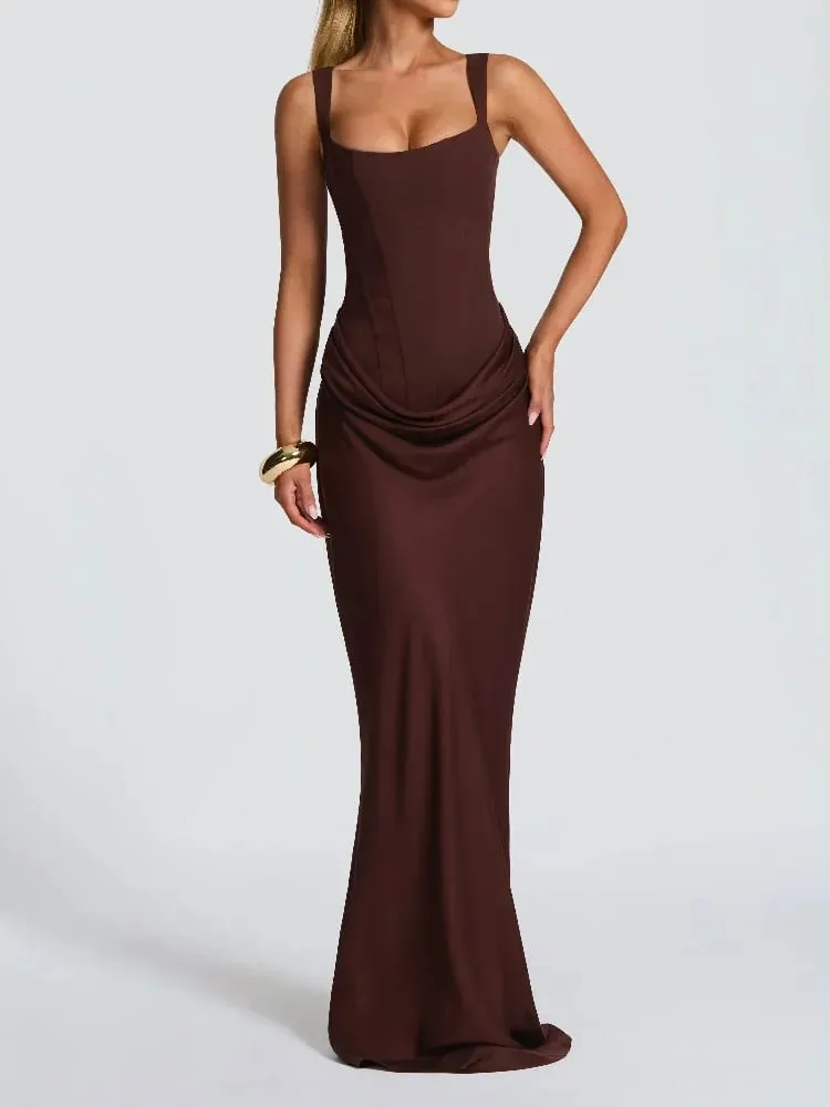 Elegant Solid Corset Sling Pleated Dress Women Brown Sexy Sleeveless Off Shoulder High Waist Maxi Dresses 2025 Lady Party Gown