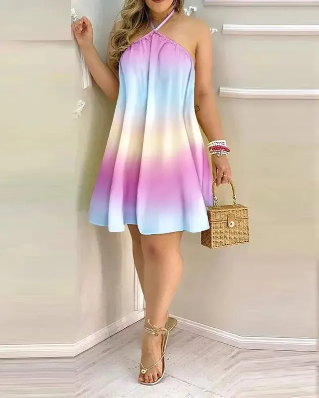 Women Halter Neck Sleeveless Floral Print Loose Swing Mini Dress Casual Beach Vacation Summer Cover Up Dress