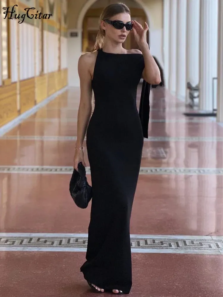 Hugcitar moda solido o collo senza maniche patchwork sexy aderente maxi abito da ballo estate donna vestiti festa festival club Y2K — image 5