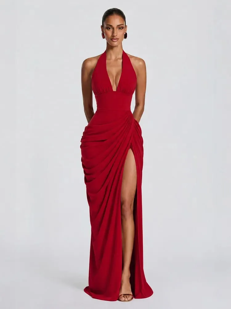 Sexy Solid Pleated Halter Women's Dress Fashion Sleeveless Backless Waist-cinching Split Maxi Dresses 2026 Summer Party Gowns — image 2