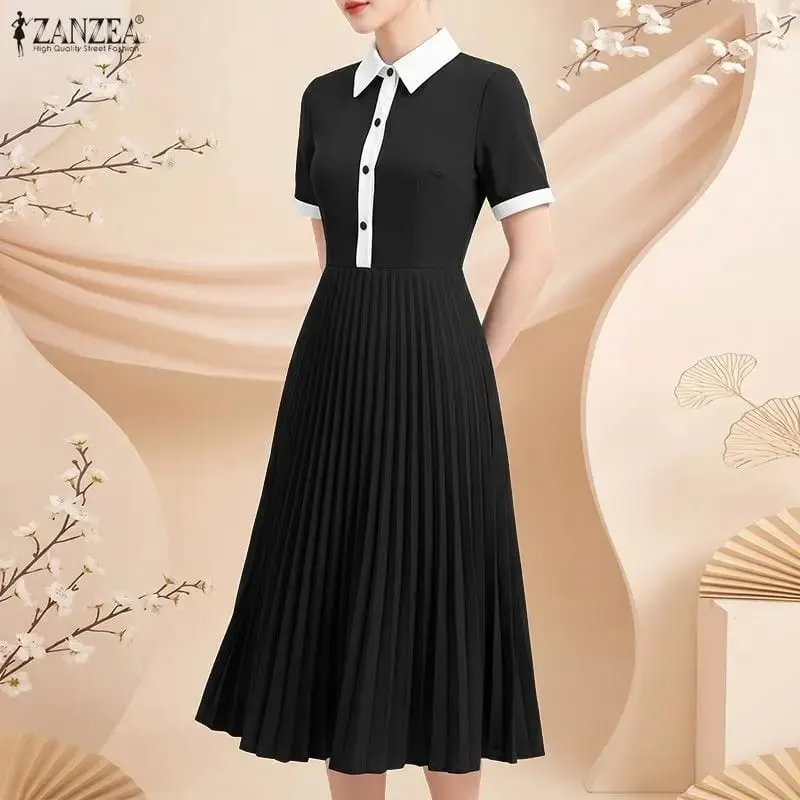 Professional OL Dress ZANZEA Women Summer Sundress Stylish Lapel Neck Short Sleeve Pleated Sundress Elegant A Line Work Dresses — image 5