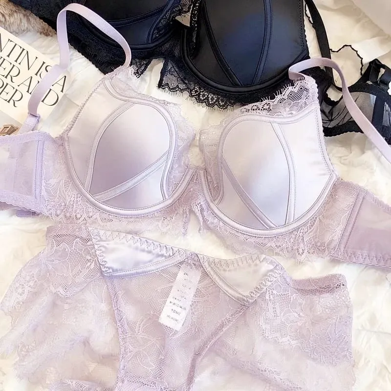 Doce pequeno fresco profundo-v copo fino roupa interior de renda feminina conjunto de sutiã sexy com tamanho grande bc tamanho push up lingerie com cuecas — image 9