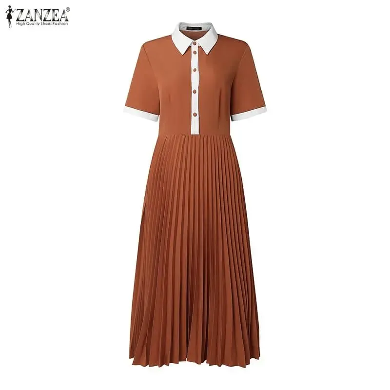Professional OL Dress ZANZEA Women Summer Sundress Stylish Lapel Neck Short Sleeve Pleated Sundress Elegant A Line Work Dresses — image 2