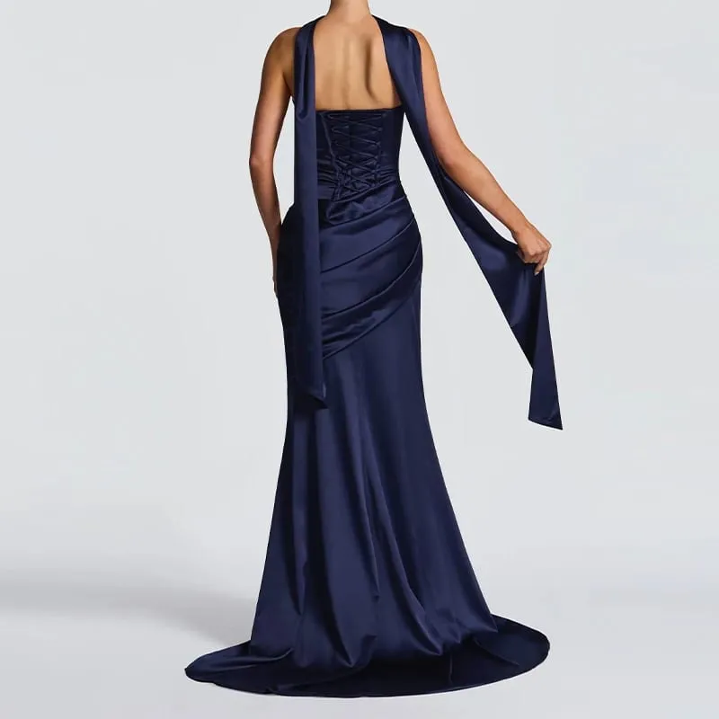 Babaeng Sexy Pleated Strapless Satin Dress Chic Solid Off-Shoulder Backless High Waist Bodycon Dresses 2026 Bagong Evening Party Gown — image 7