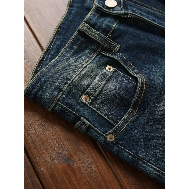 Autumn retro deep blue jeans men elastic and trendy versatile casual street fashion pants