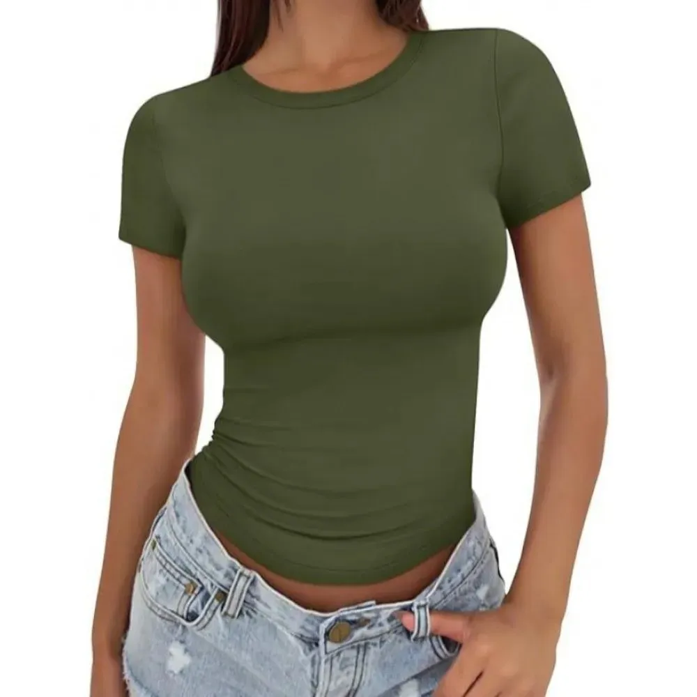 Trendy Stretchy Fitted T Shirt Breathable Soft Crop Top Solid Color Lightweight Short Sleeve Tee Streetwear Style — image 6