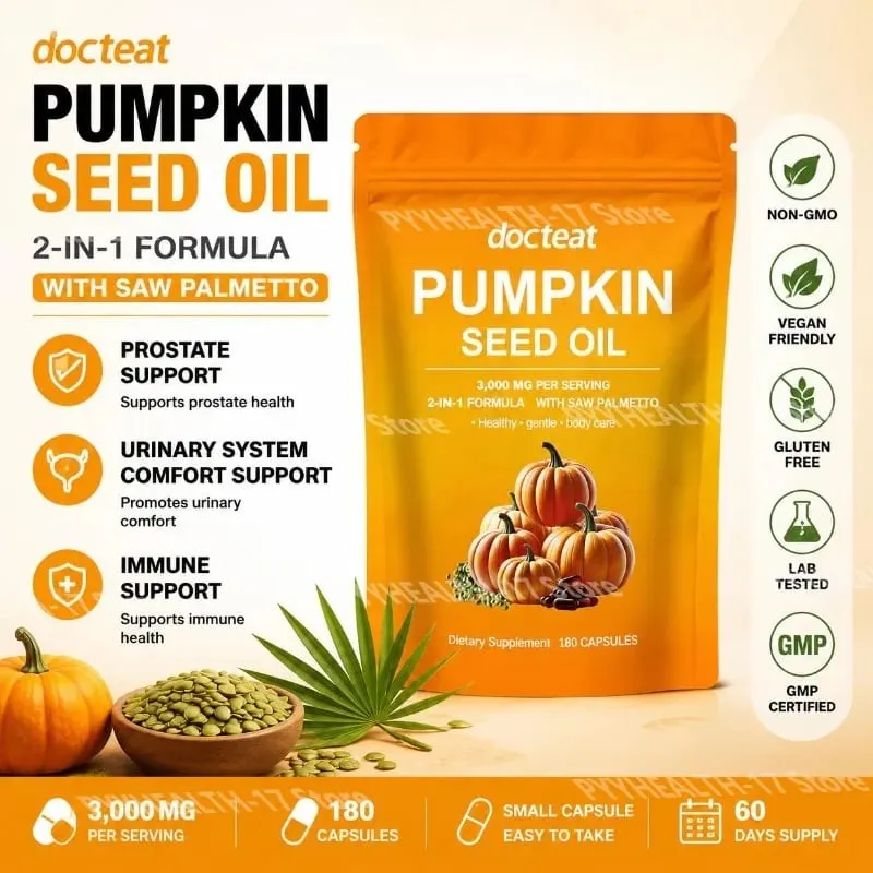 Docteat Pumpkin Seed Oil Capsules 2-in-1 with Saw Palmetto for Urinary System Comfort Support 3 000 Mg Per Serving 180 Capsules — image 1